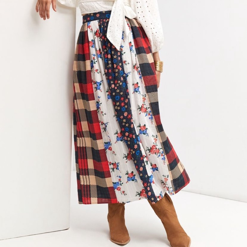 Anthropologie Let Me Be Contrast Maxi Skirt Floral Plaid Size Large
